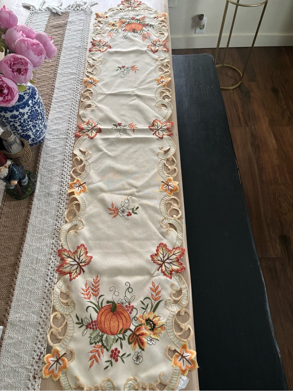 Autumn Pumpkin Embroidered Table Runner - Cream and Orange